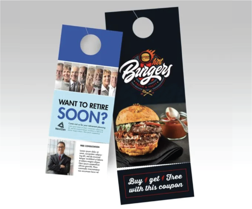 Various door hangers with eye-catching designs, ideal for marketing and promotions.